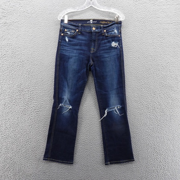7 For All Mankind Cropped Boot Jeans Size 27 Distressed Dark Wash Womens Stylish - Picture 1 of 16